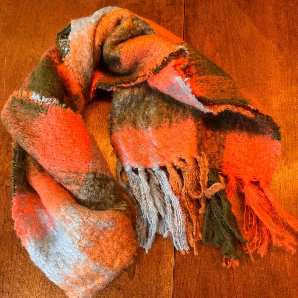 Donegal Design Scarf 11x80 Orange Plaid Wool Blend Irish Handcrafted Fringe